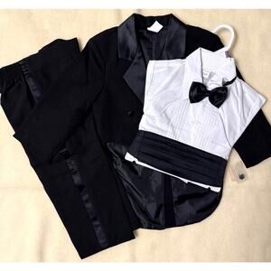 Vintage 90s Tuxedo Suit Set Boys Size 3T Black White 100% Polyester 4-Piece